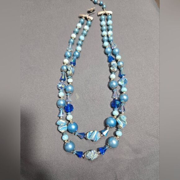 Vintage Vendome Mid-Century Blue Crystal and Bead Double Strand Necklace - Picture 6 of 10